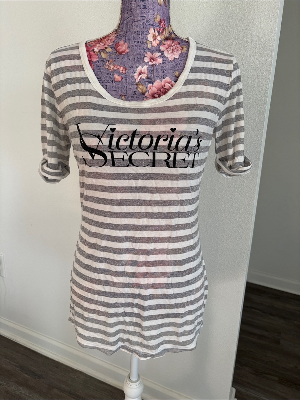 Victoria's Secret White and Gray Striped Short-Sleeve pajama